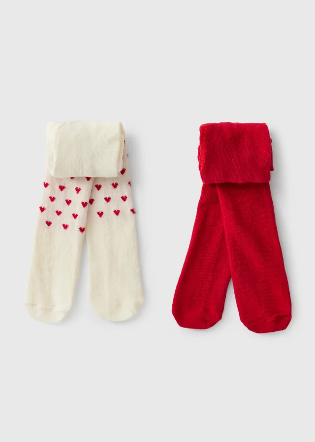 2 Pack Baby Red & Cream Heart Tights (0-18mths)