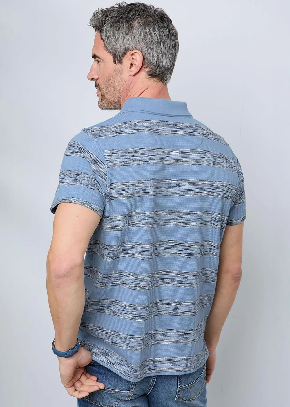 Cotton Traders Short Sleeve Blue Textured Stripe Polo Shirt - M Image 3