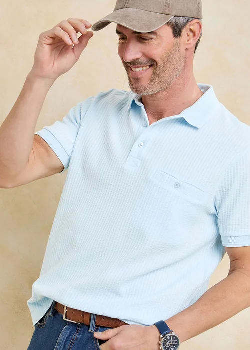 Cotton Traders Short Sleeve Light Blue Seersucker Polo Shirt - M Image 1