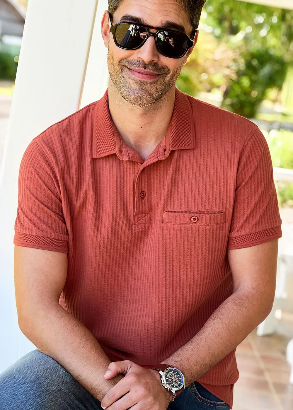 Cotton Traders Short Sleeve Red Seersucker Polo Shirt - 3XL Image 3