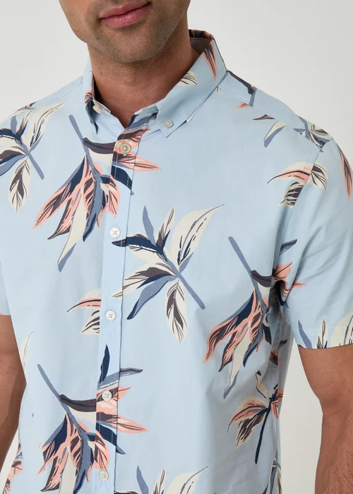 Threadbare Pale Blue Tropical Leaf Print Cotton Short Sleeve Shirt - L Image 4