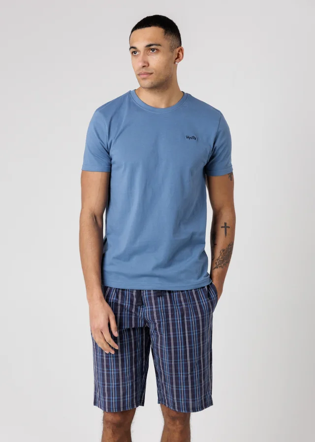 Tokyo Laundry Blue Crew Neck T-Shirt & Checked Shorts Pyjama Set