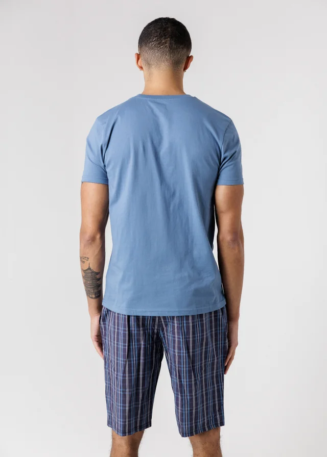 Tokyo Laundry Blue Crew Neck T-Shirt & Checked Shorts Pyjama Set