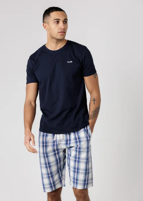 Tokyo Laundry Navy Crew Neck T-Shirt & Checked Shorts Pyjama Set - 2XL Image 1
