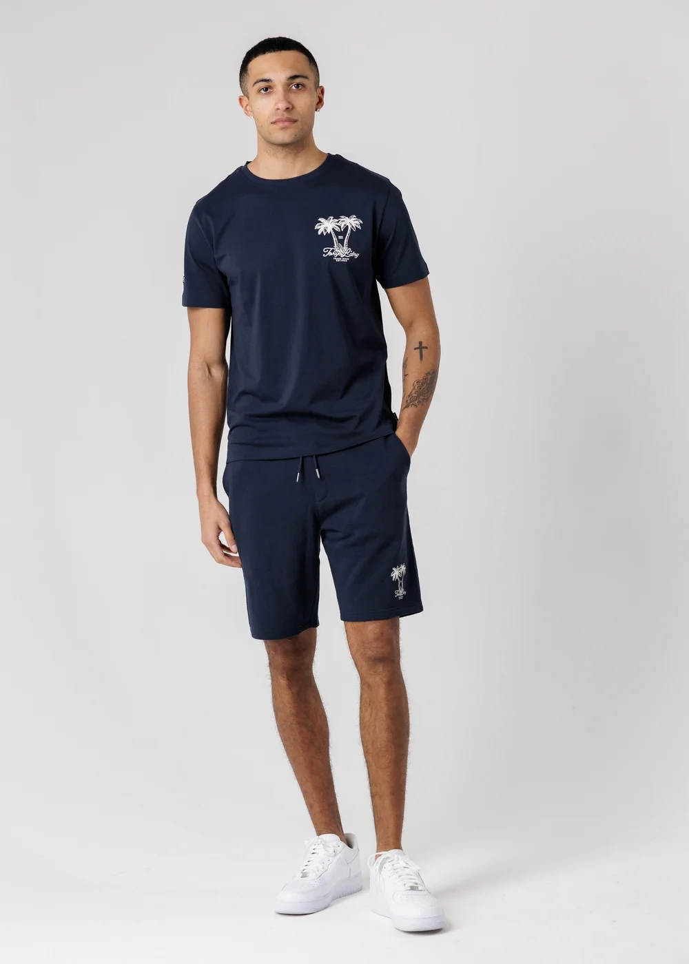 Tokyo Laundry Navy Palm Print T-Shirt & Shorts Lounge Set - M Image 1