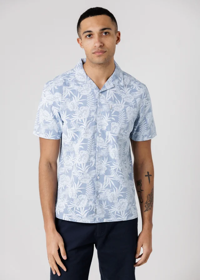 Tokyo Laundry Light Blue Cotton Short Sleeve Button-Up Tropical Print Shirt
