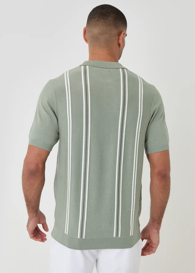 Threadbare Soft Green Stripe Quarter Zip Knitted Polo