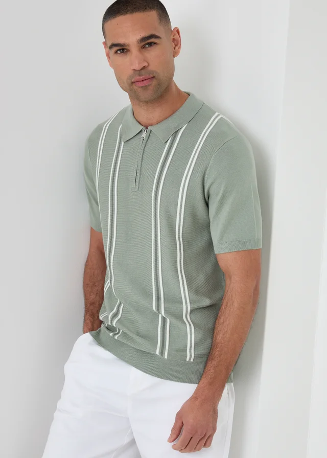 Threadbare Soft Green Stripe Quarter Zip Knitted Polo