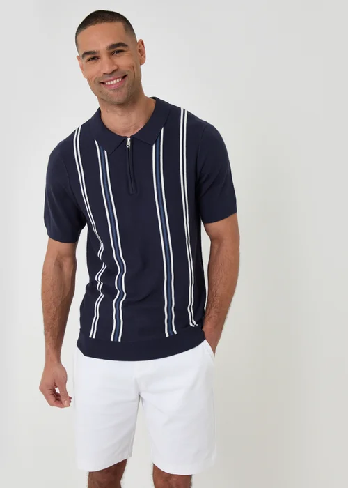 Threadbare Navy Stripe Quarter Zip Knitted Polo - 2XL Image 1