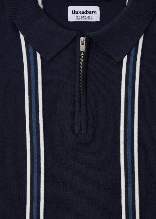 Threadbare Navy Stripe Quarter Zip Knitted Polo - 2XL Image 5