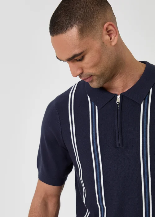 Threadbare Navy Stripe Quarter Zip Knitted Polo - 2XL Image 4