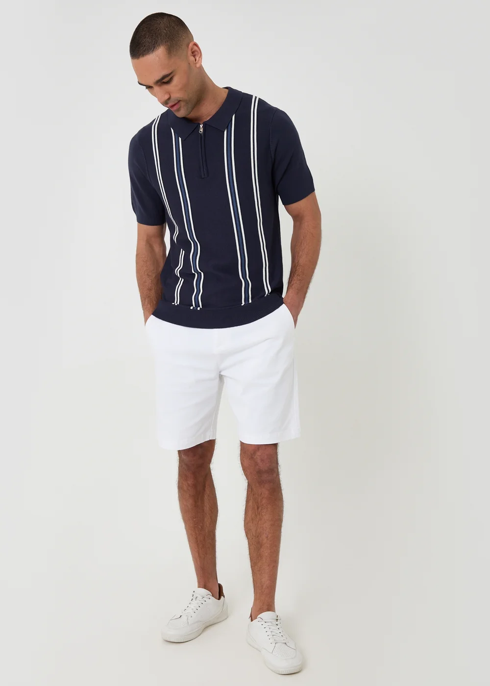 Threadbare Navy Stripe Quarter Zip Knitted Polo - 2XL Image 3