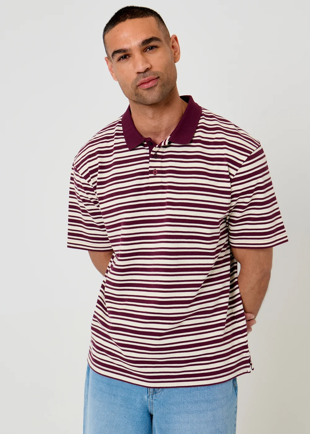 Threadbare Plum Relaxed Fit Stripe Polo Shirt - S Image 1