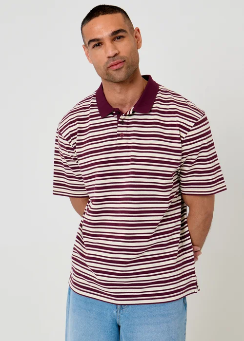 Threadbare Plum Relaxed Fit Stripe Polo Shirt - S Image 1