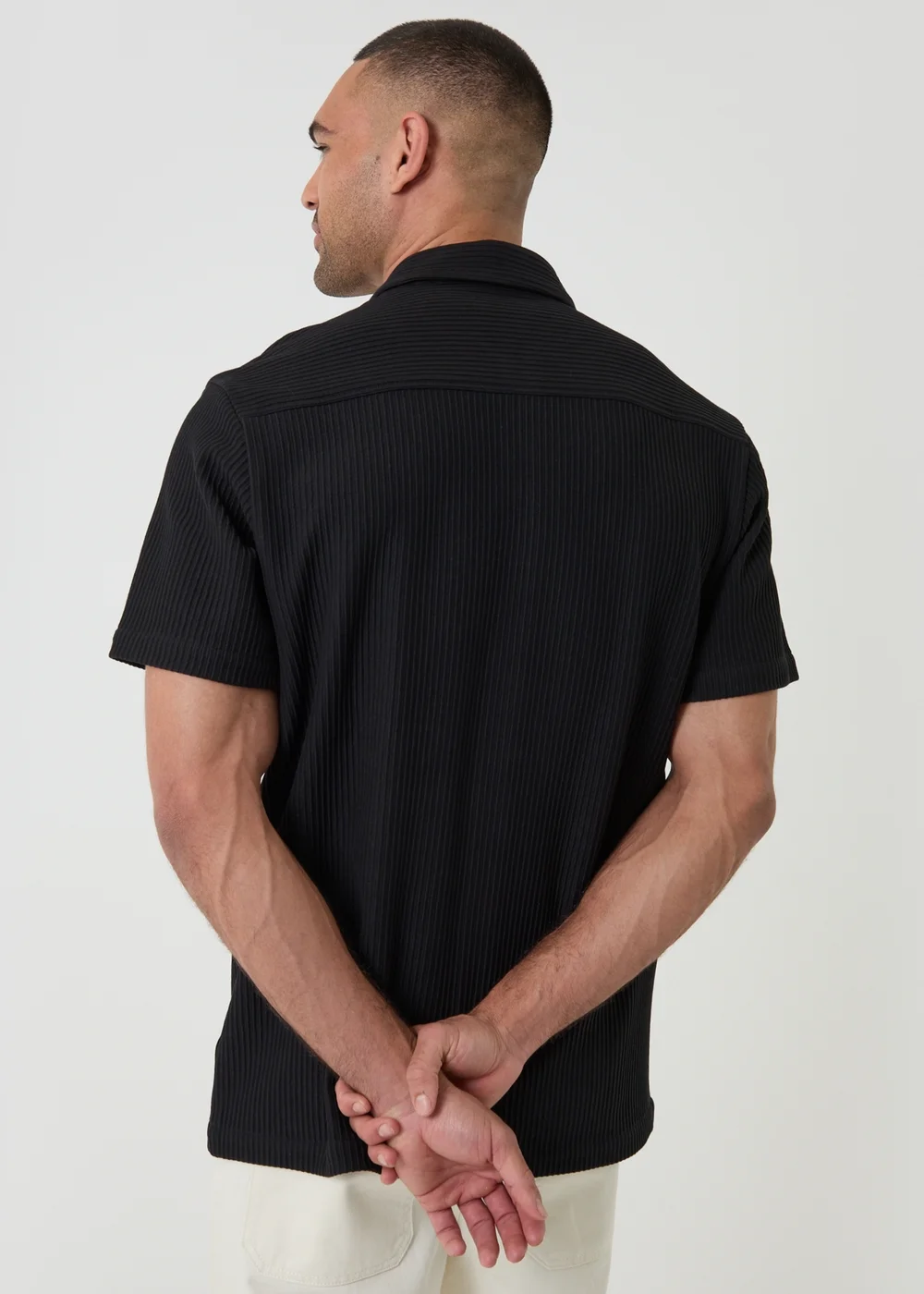 Threadbare Black Plisse Rib Short Sleeve Shirt - L Image 2