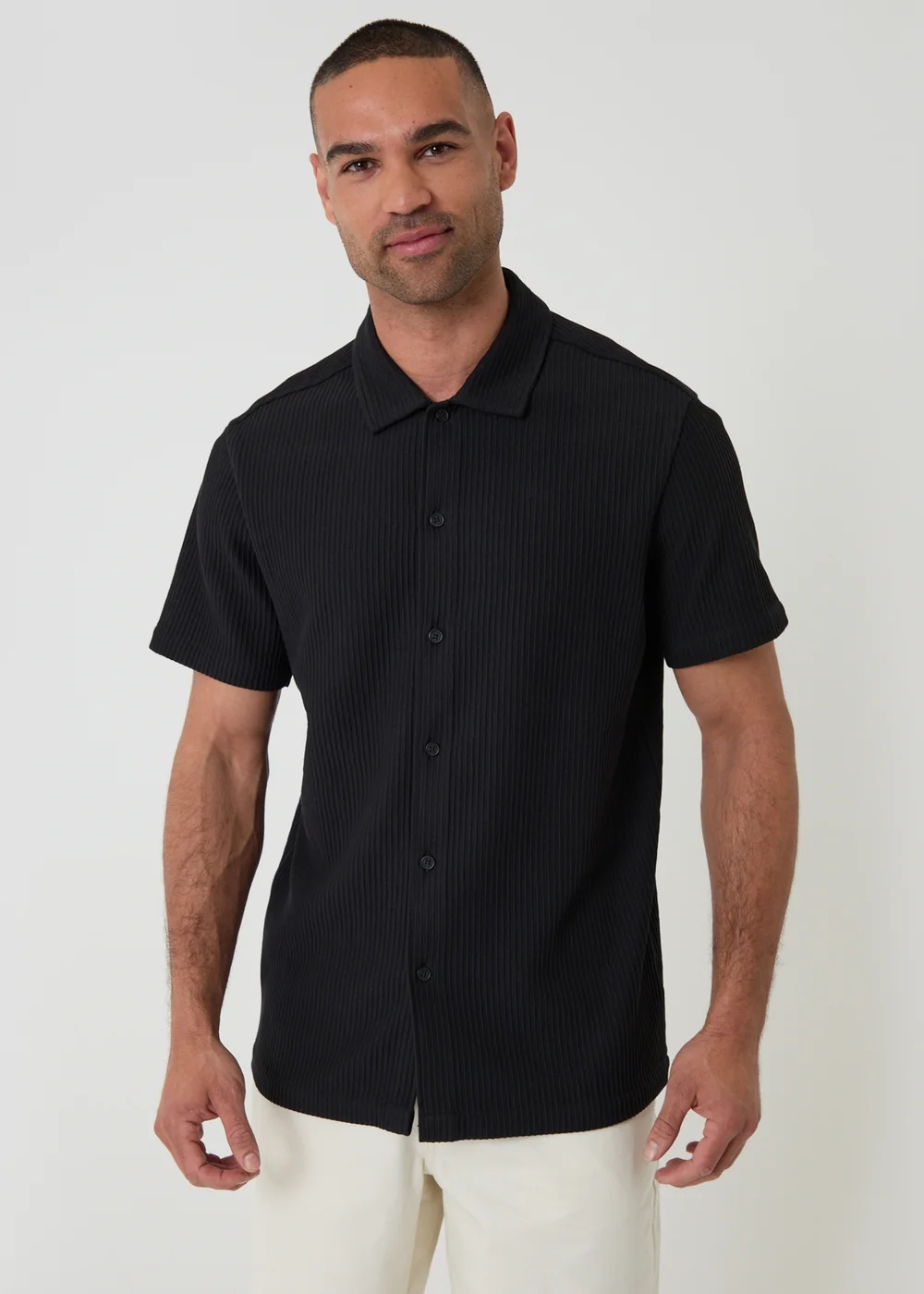 Threadbare Black Plisse Rib Short Sleeve Shirt - L Image 1