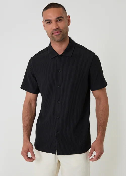 Threadbare Black Plisse Rib Short Sleeve Shirt - L Image 1