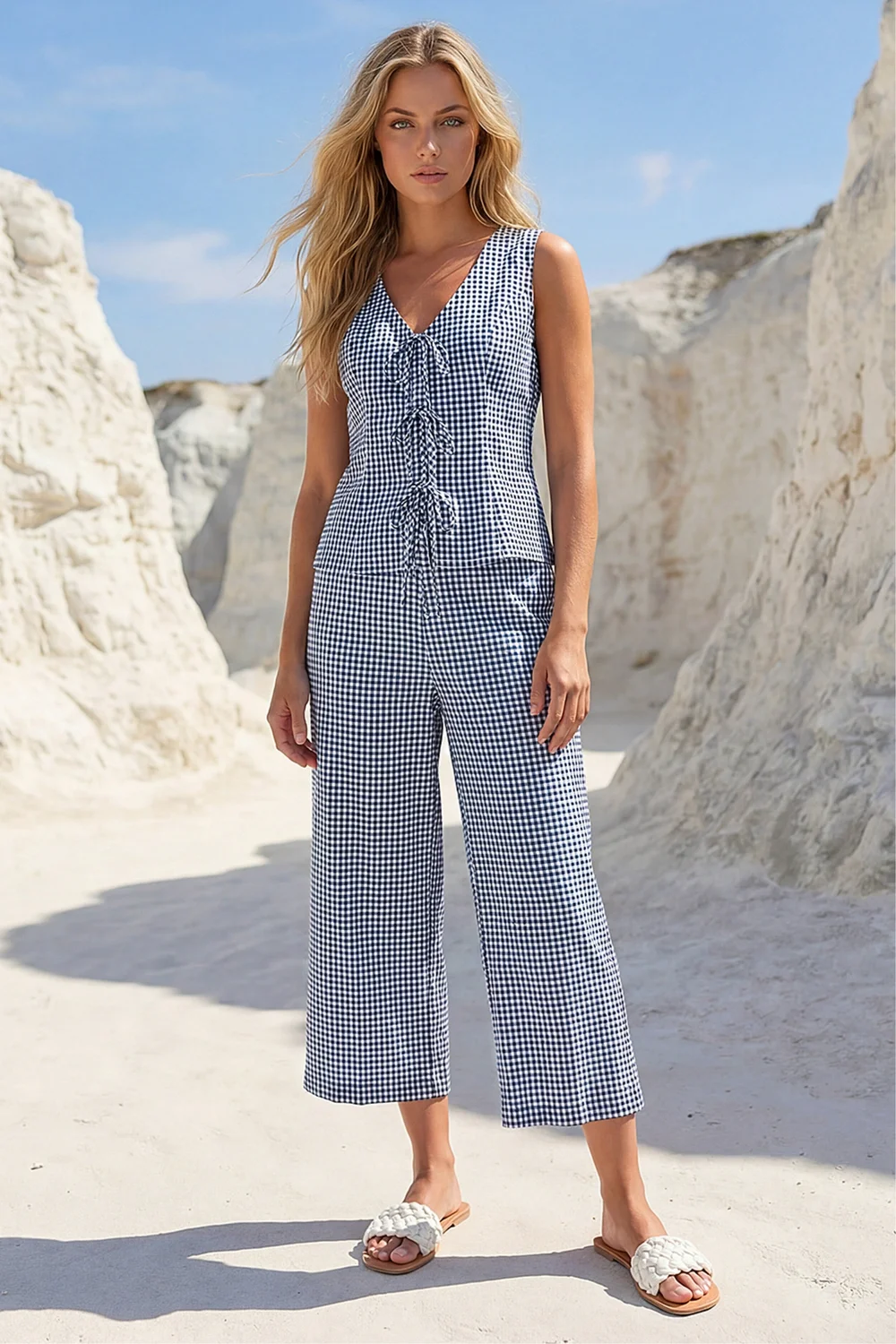 Dusk Navy Gingham Tie Front Blouse - 18 Image 4
