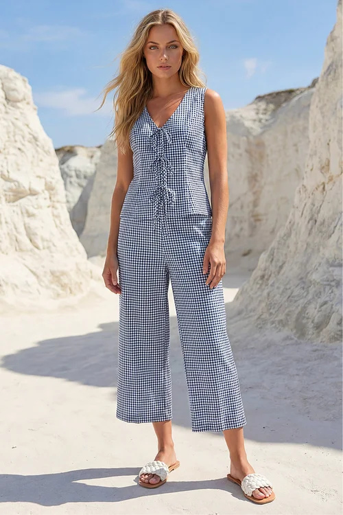 Dusk Navy Gingham Tie Front Blouse - 18 Image 4