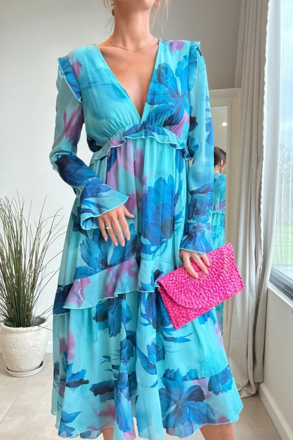 Styler Cheat Blue Floral Birdie Frill Tie-Back Midi Dress - 12 Image 2