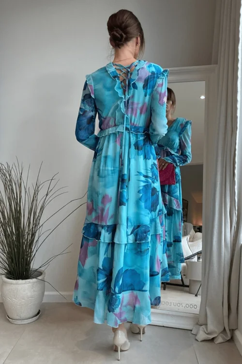 Styler Cheat Blue Floral Birdie Frill Tie-Back Midi Dress - 12 Image 5