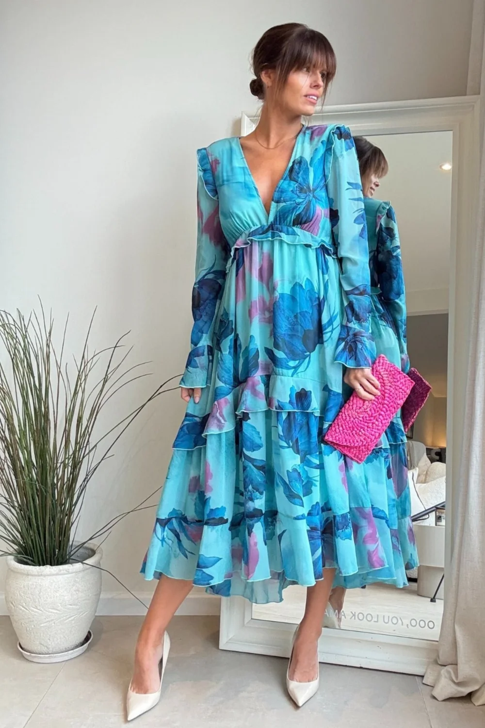 Styler Cheat Blue Floral Birdie Frill Tie-Back Midi Dress - 12 Image 1