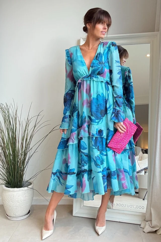 Styler Cheat Blue Floral Birdie Frill Tie-Back Midi Dress