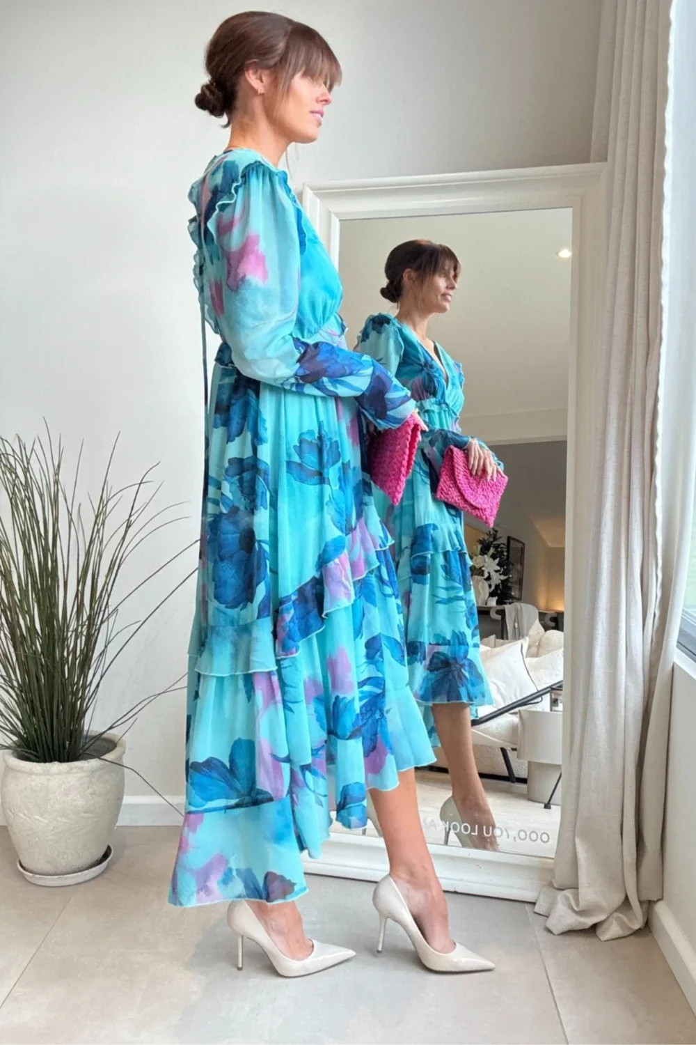 Styler Cheat Blue Floral Birdie Frill Tie-Back Midi Dress - 12 Image 4