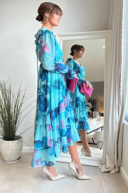 Styler Cheat Blue Floral Birdie Frill Tie-Back Midi Dress - 12 Image 4