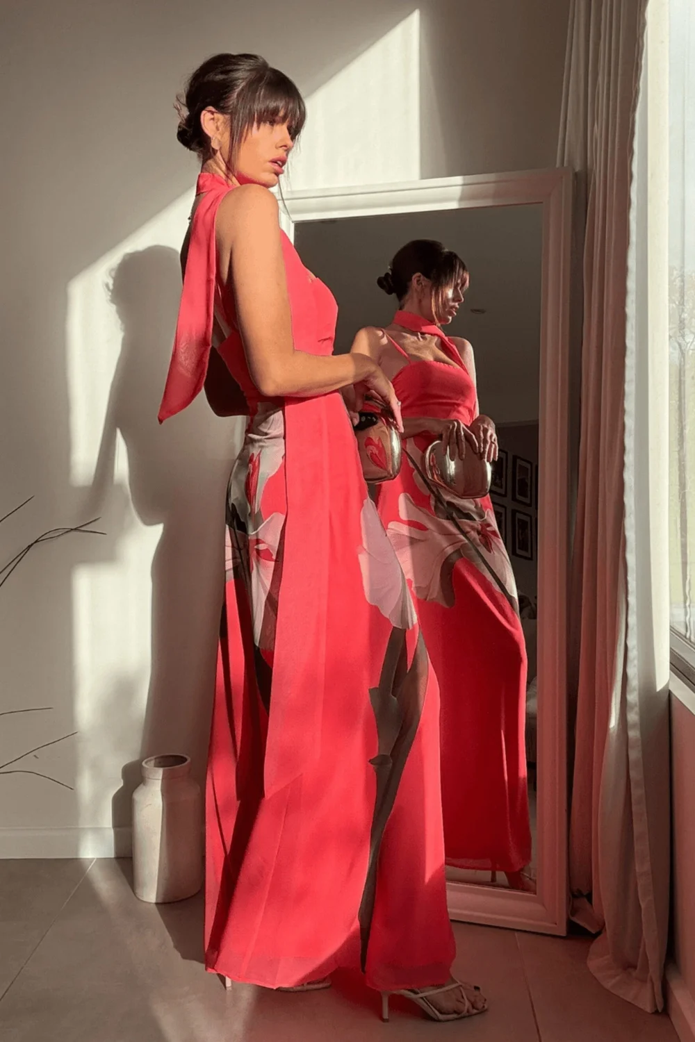 Style Cheat Pink Peony Soft Satin Maxi Dress With Scarf - 14 Image 5