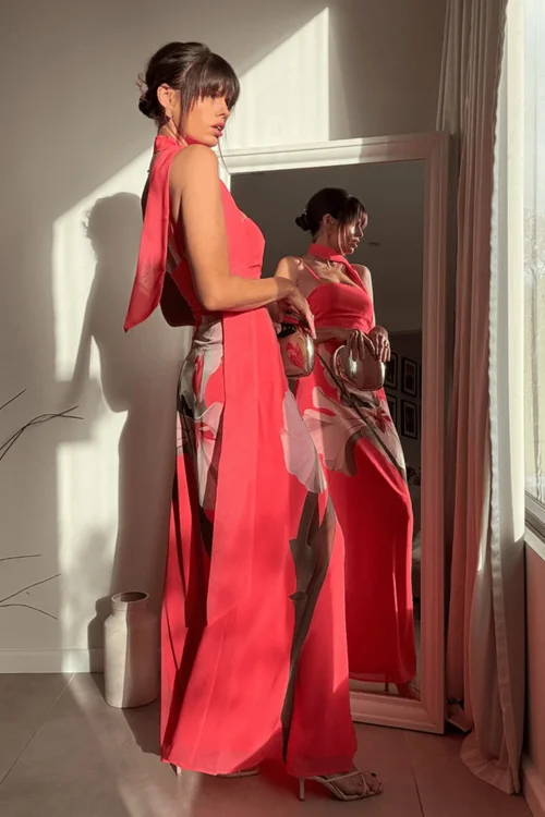 Style Cheat Pink Peony Soft Satin Maxi Dress With Scarf - 14 Image 5