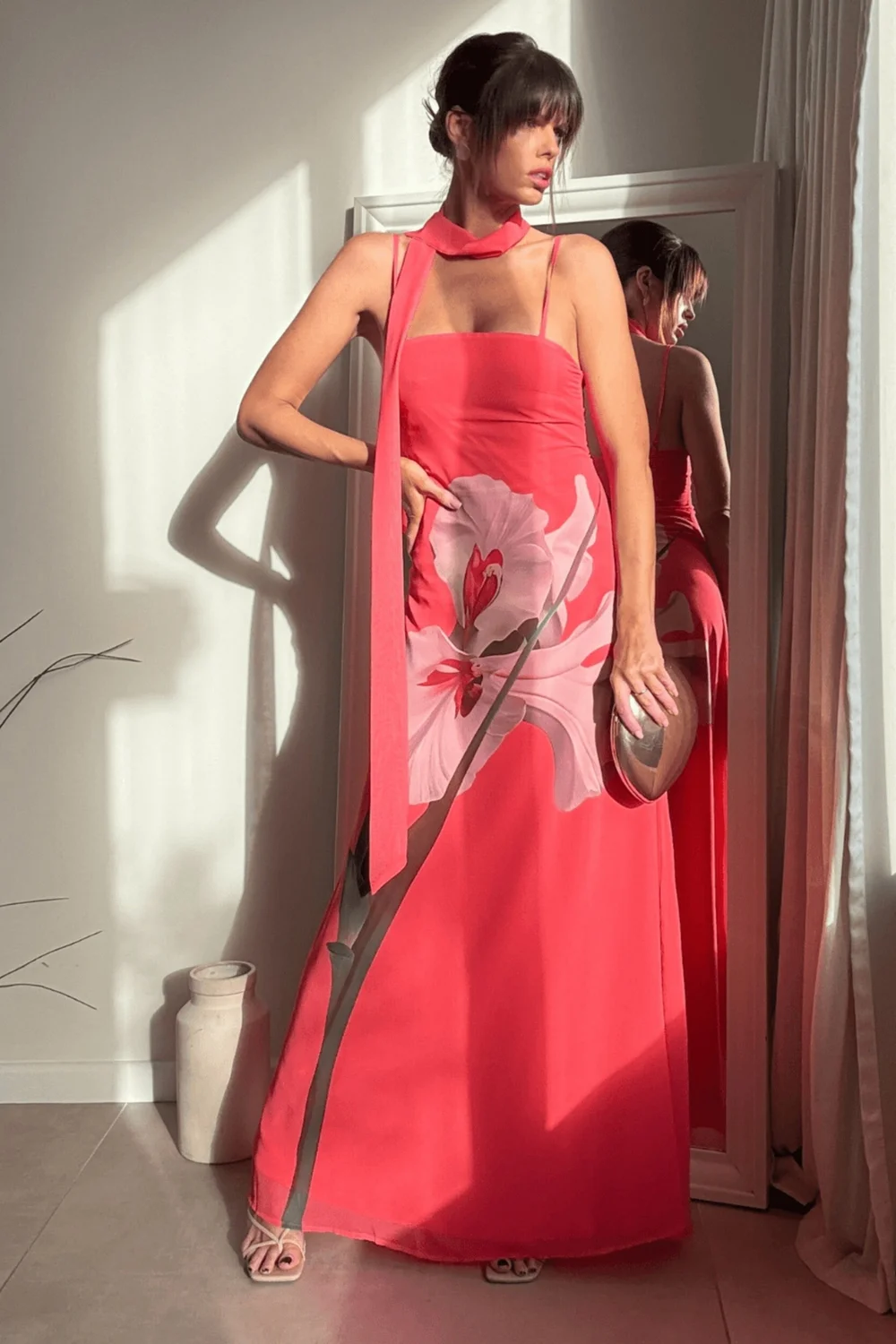 Style Cheat Pink Peony Soft Satin Maxi Dress With Scarf - 14 Image 3