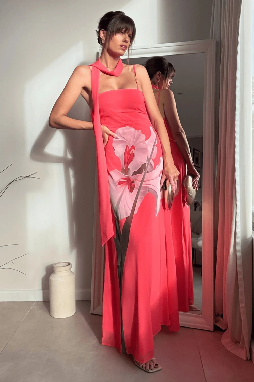 Style Cheat Pink Peony Soft Satin Maxi Dress With Scarf - 14 Image 1