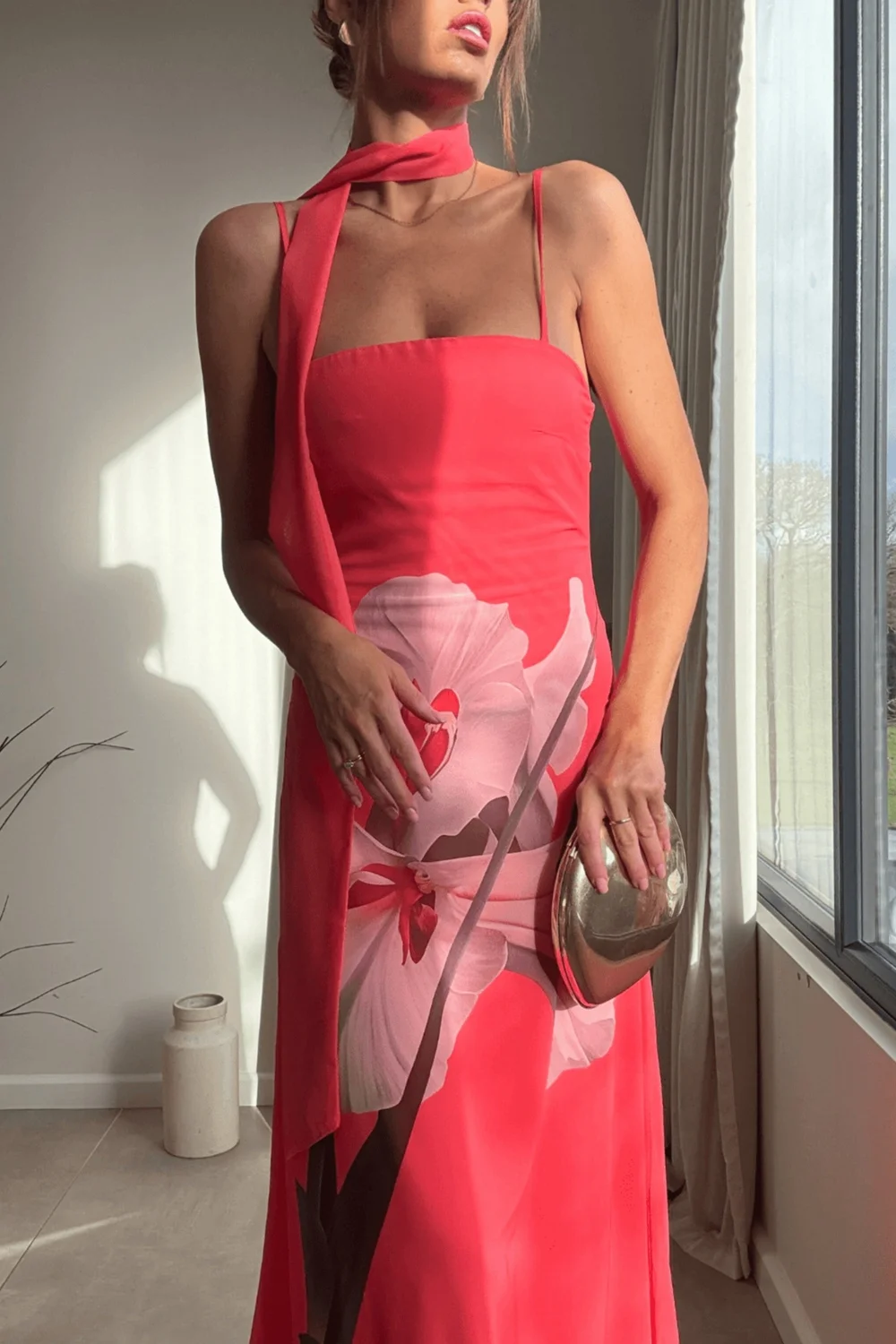 Style Cheat Pink Peony Soft Satin Maxi Dress With Scarf - 14 Image 4