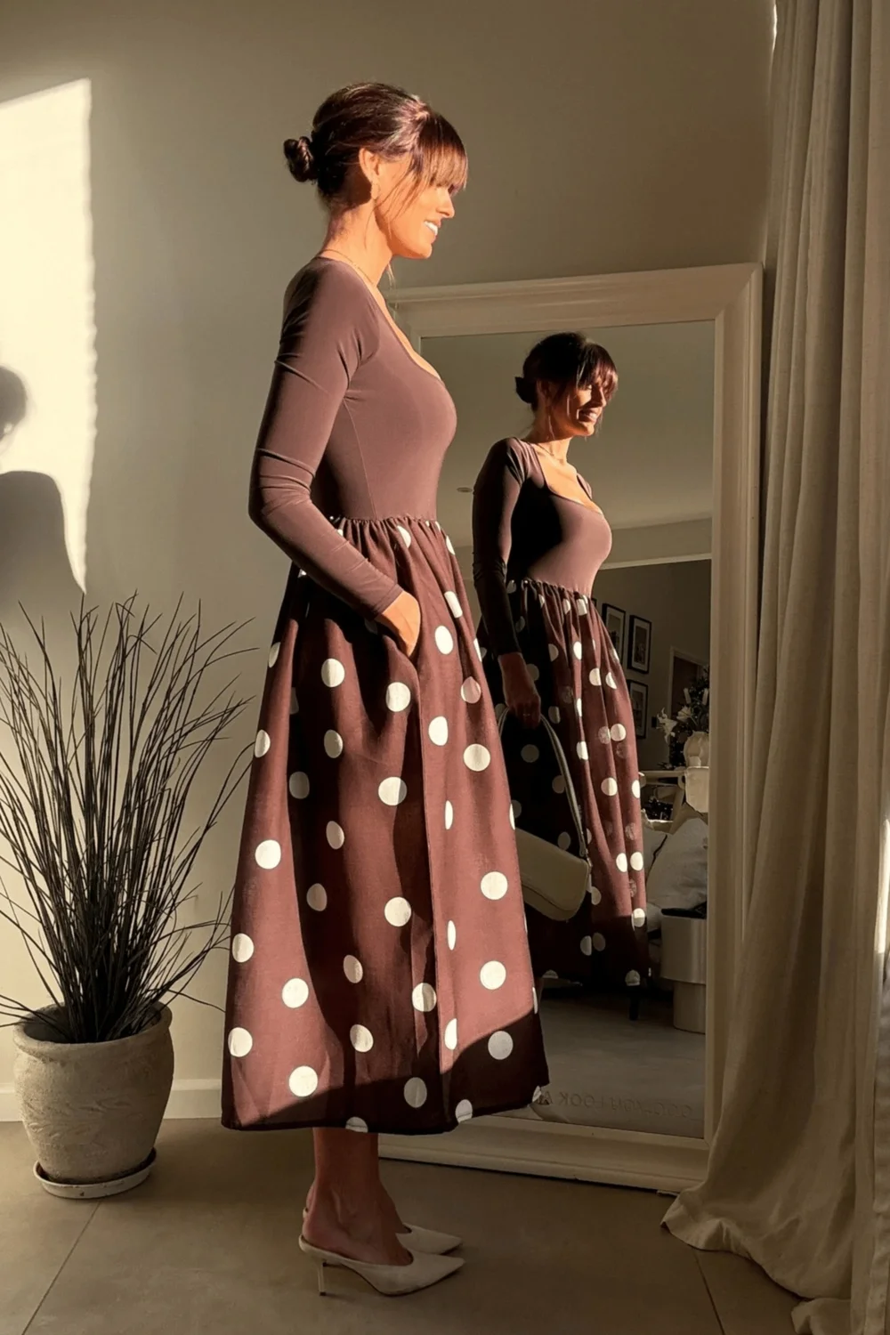 Style Cheat Sadie Chocolate Brown & Cream Polka Dot Long Sleeve Midi Dress - 10 Image 3