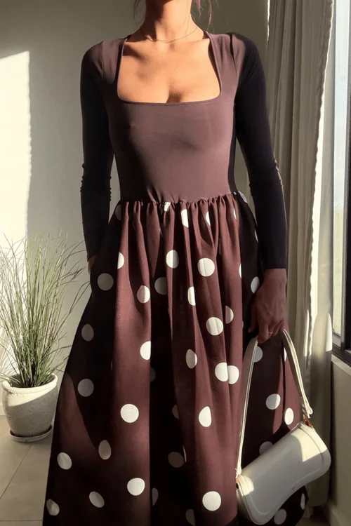 Style Cheat Sadie Chocolate Brown & Cream Polka Dot Long Sleeve Midi Dress - 10 Image 2