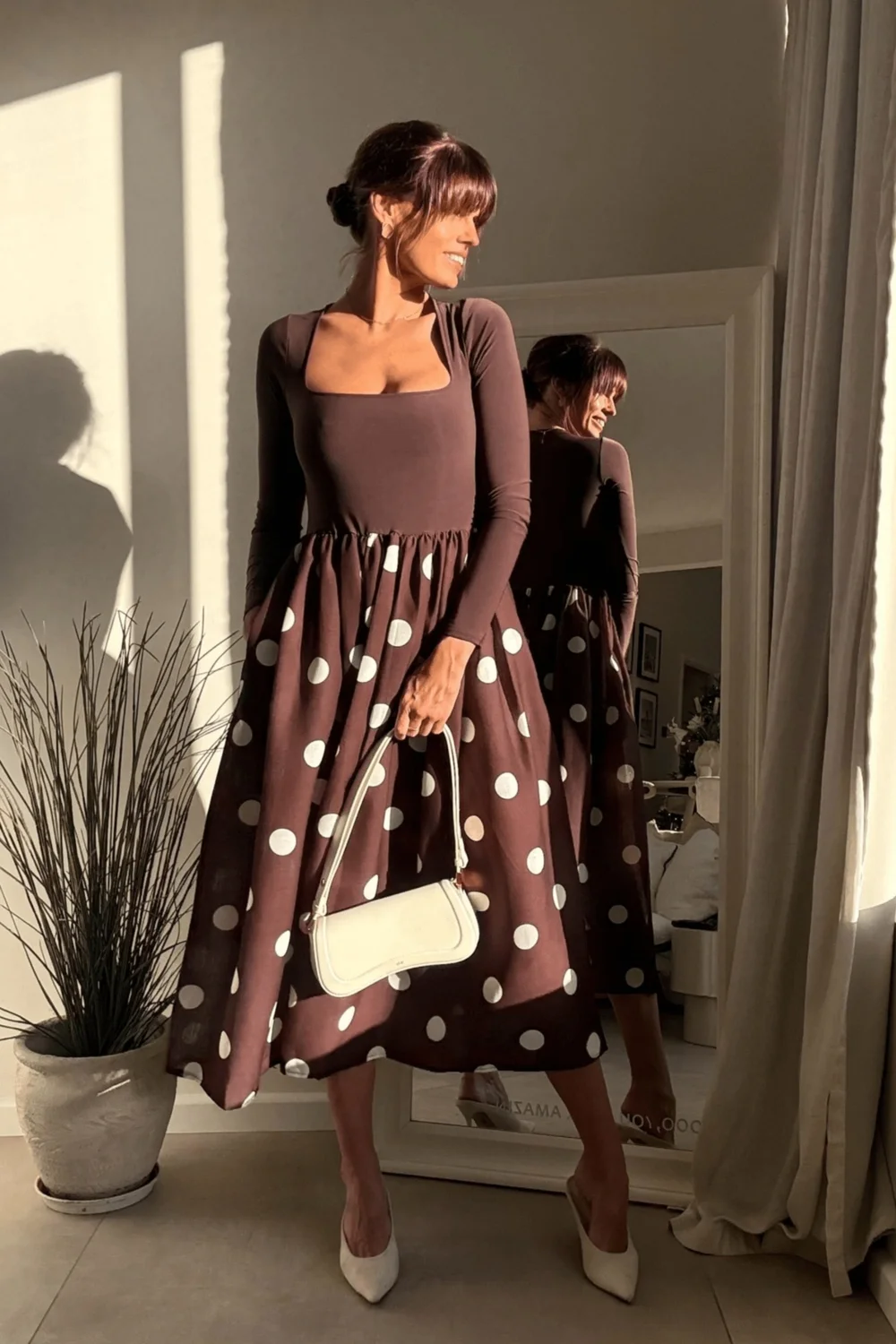 Style Cheat Sadie Chocolate Brown & Cream Polka Dot Long Sleeve Midi Dress - 10 Image 1