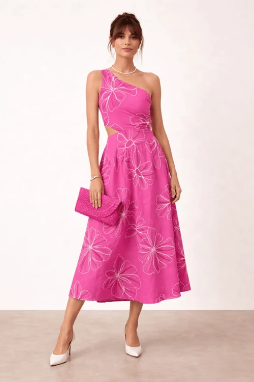 Style Cheat Pink Floral Jasmine Cut Out One Shoulder Dress - 14 Image 1