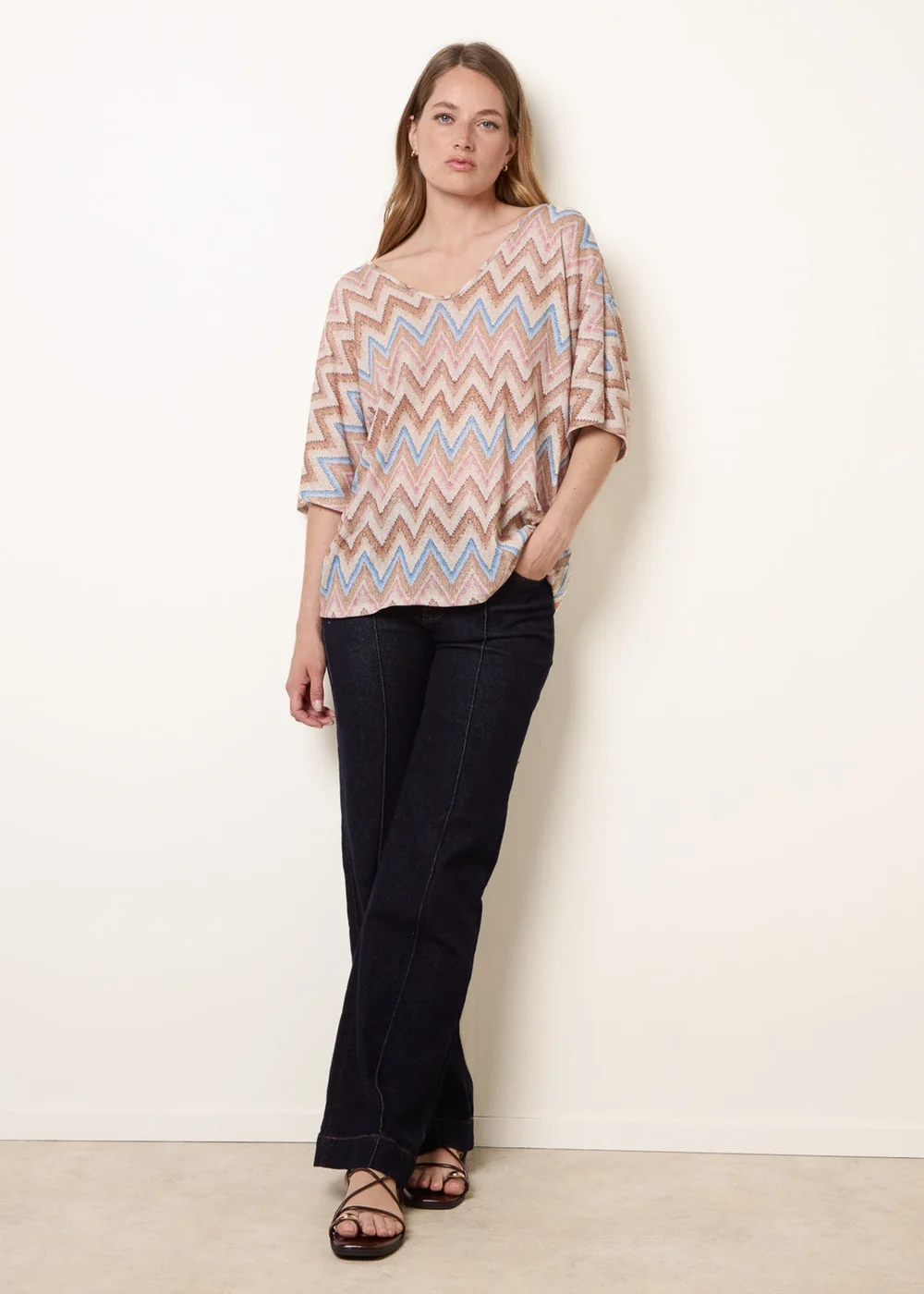 Blue Vanilla Beige Zig Zag Metallic Bow Back Top - One Size Image 3