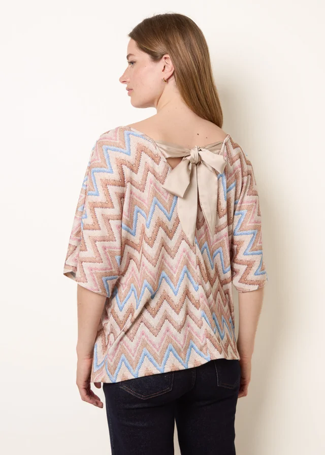 Blue Vanilla Beige Zig Zag Metallic Bow Back Top