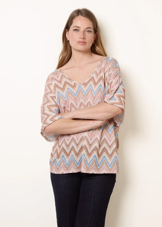 Blue Vanilla Beige Zig Zag Metallic Bow Back Top