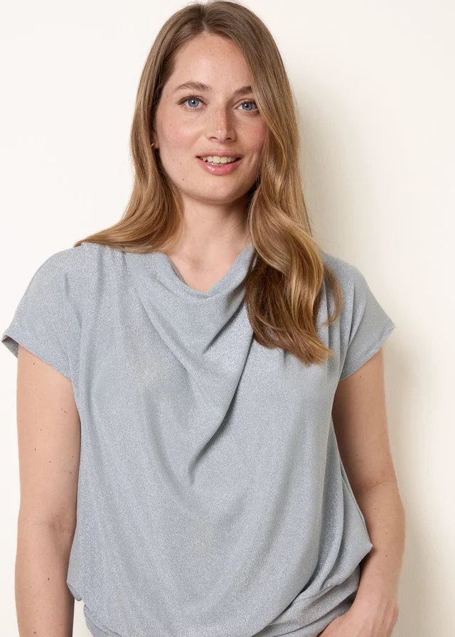 Blue Vanilla Blue Metallic Cowl Neck Draped Top