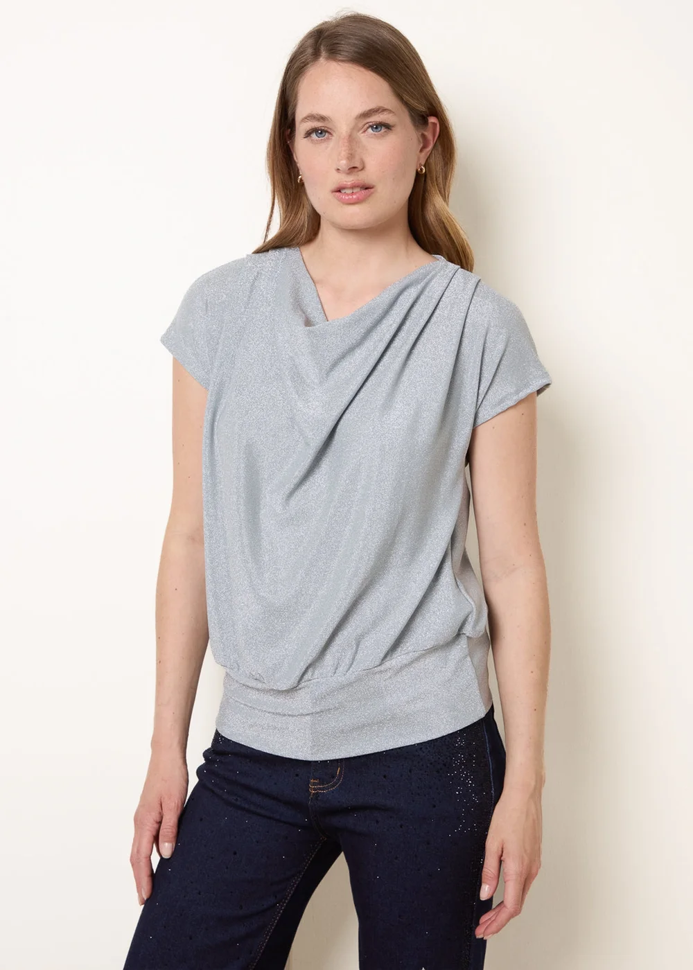 Blue Vanilla Blue Metallic Cowl Neck Draped Top - L/XL Image 3