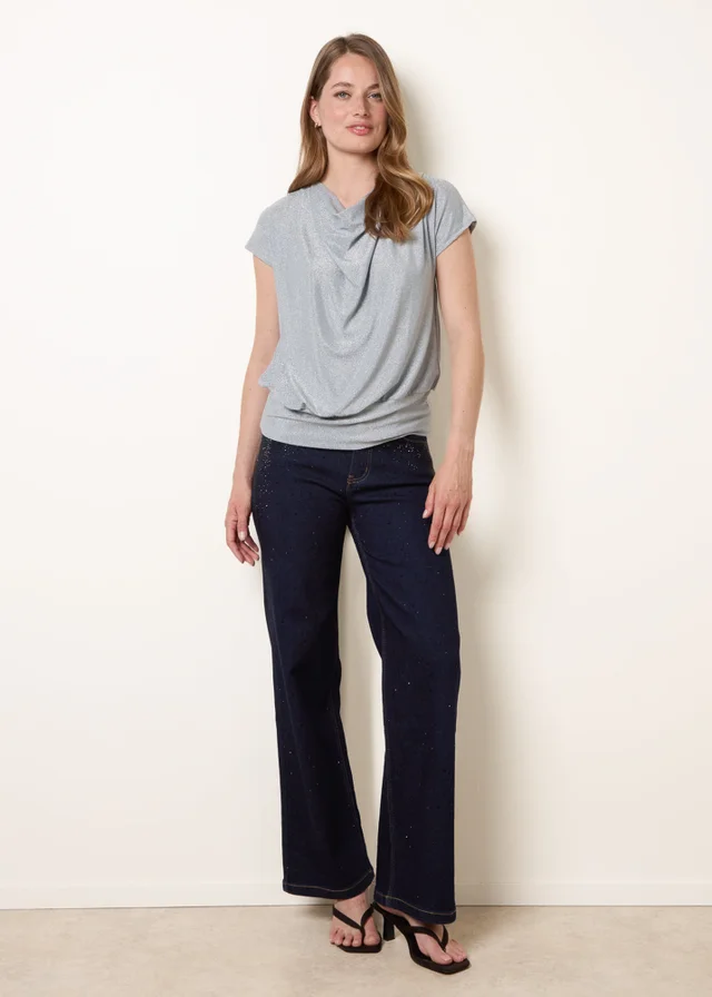 Blue Vanilla Blue Metallic Cowl Neck Draped Top