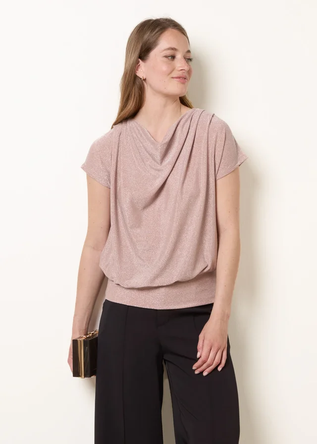 Blue Vanilla Pink Metallic Cowl Neck Draped Top