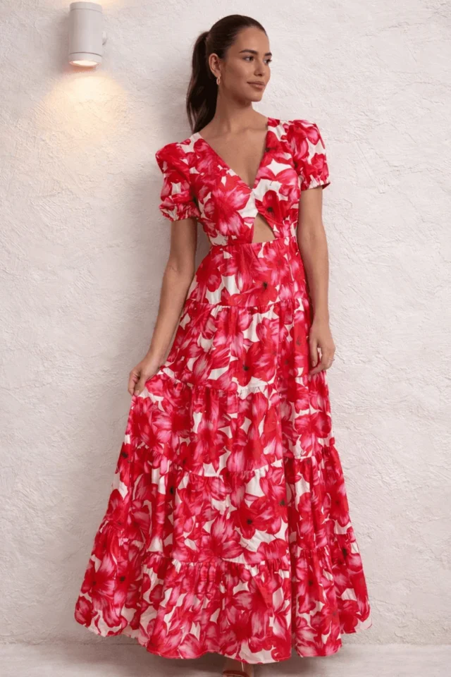 Style Cheat Red & White Zoe Tiered Cutout Maxi Dress