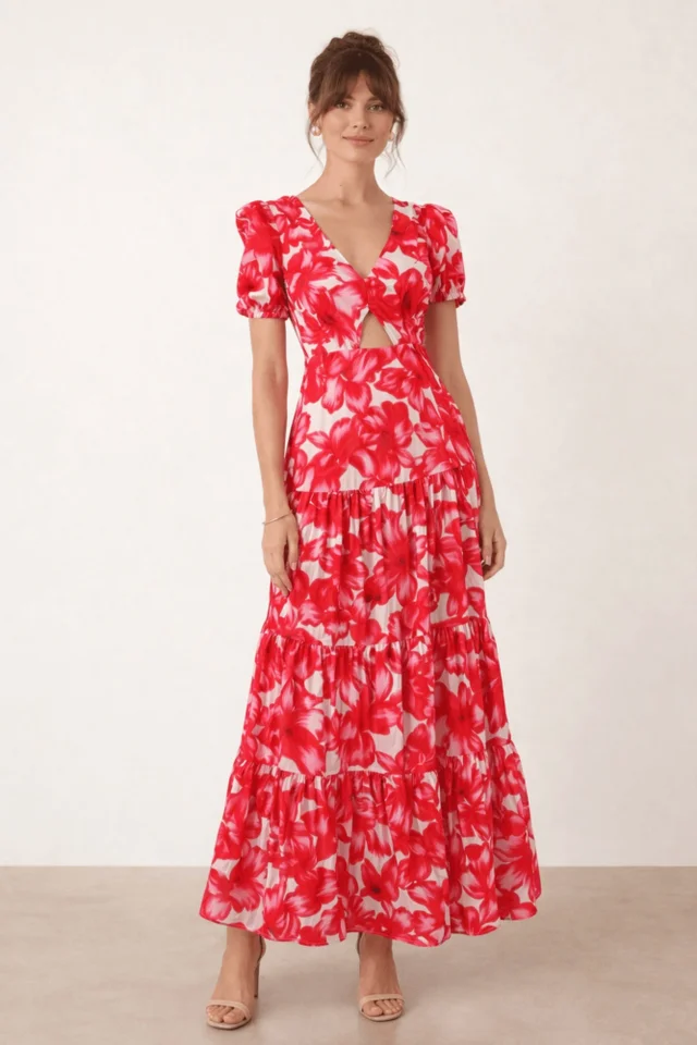 Style Cheat Red & White Zoe Tiered Cutout Maxi Dress