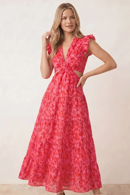 Style Cheat Red & Pink Indie Cut Out Frill Maxi Dress - 12 Image 3