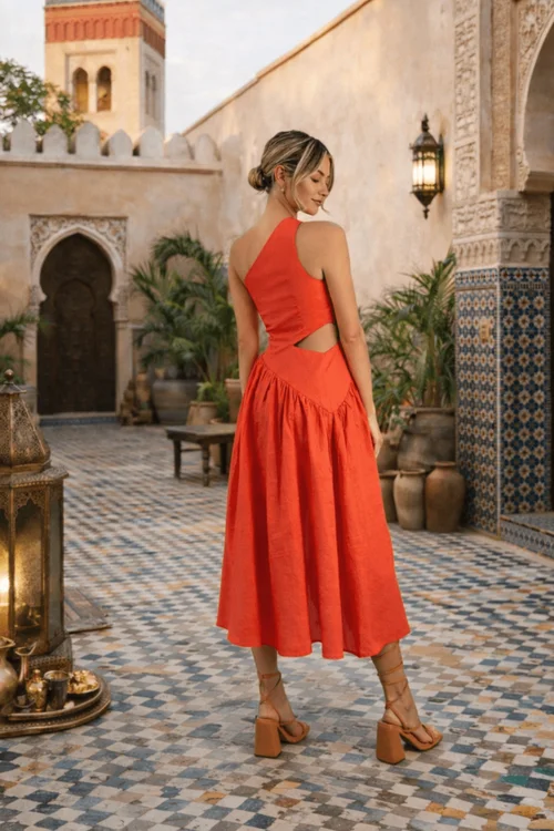 Style Cheat Coral Jasmine Cut Out One Shoulder Midi Dress - 16 Image 2