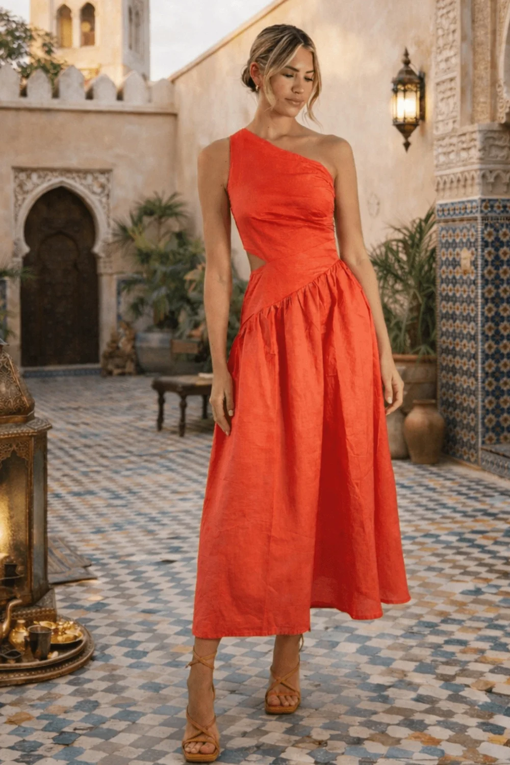 Style Cheat Coral Jasmine Cut Out One Shoulder Midi Dress - 16 Image 1